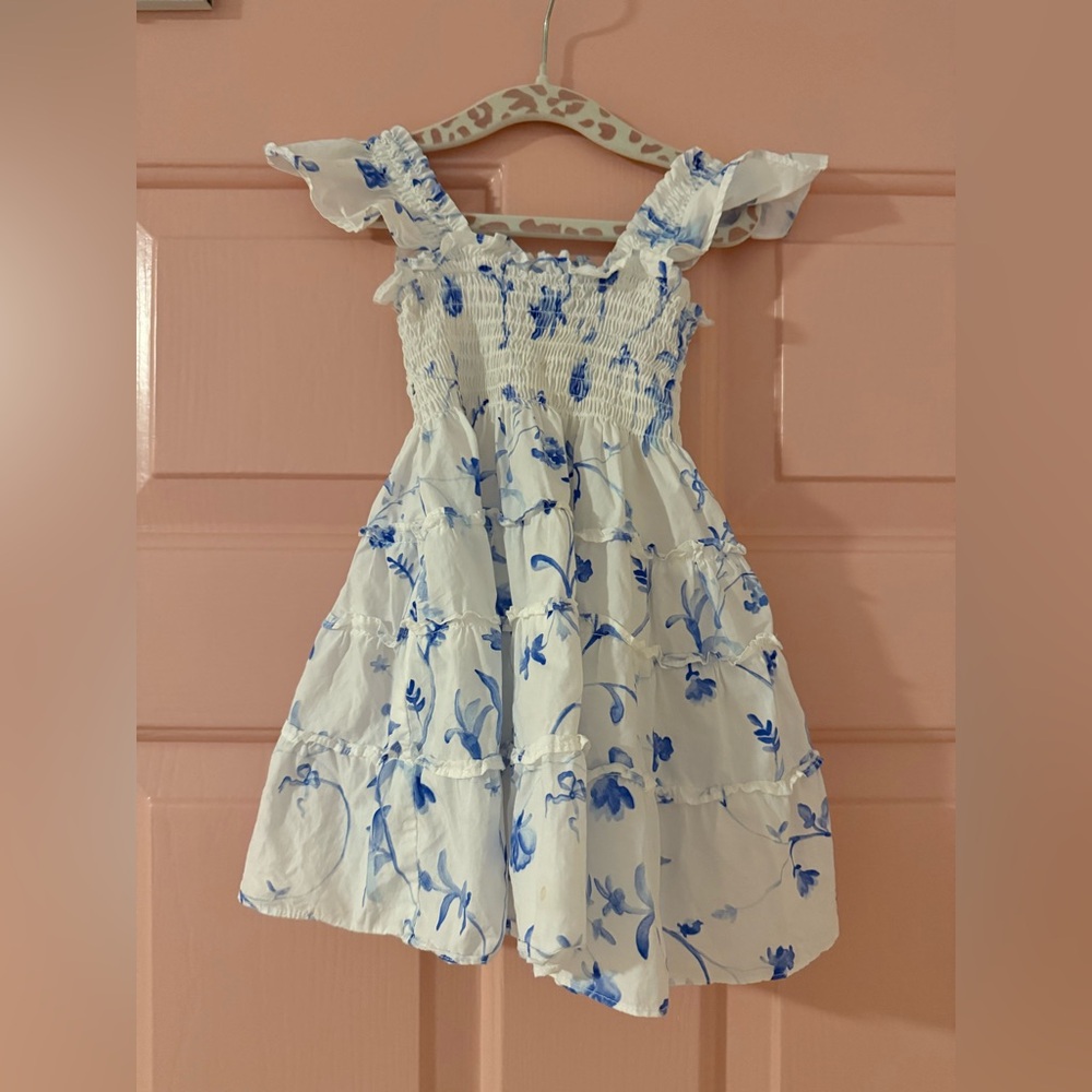 Hill House Kids White Dress with Blue Floral Print and Ruffle Straps